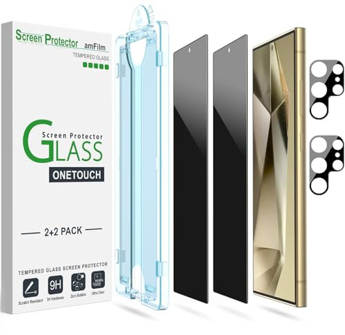 amFilm 2+2 Pièces Protection écran de Verre Trempé de Confidentialité pour Samsung Galaxy S24 Ultra 5G, avec Protecteurs d'objectif de Caméra [Anti-Espion et Protection de la Vie privée]