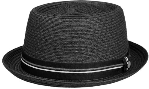 LIERYS Dawleys Pork Pie Toyo Strohhut - Einfarbiger Hut - Unisex - Frühjahr/Sommer - Sommerhut mit gestreiftem Garniturband - Leicht & Formstabil schwarz L (58-59 cm)