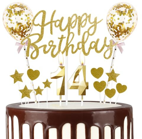 mciskin Gold 14th Birthday Decorations for Girl Boy,3D Number 14 Candle for Cake,Gold Cake Toppers for Girl Boy,Glitter Happy 14th Birthday Cake Toppers for Party Decorations Supplies