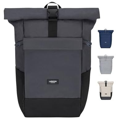 LARKSON Rucksack Damen & Herren Schwarz Grau - No 4 Large - Rolltop Backpack 21 L mit 16 Zoll Laptopfach Uni, Arbeit & Fahrrad - Großer Reiserucksack mit Trolley Strap