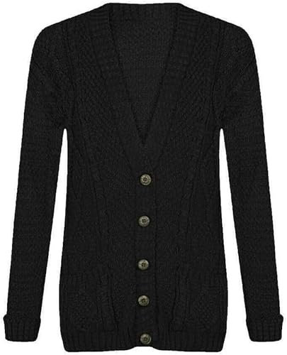 OutfitsbySMILE Women's Ladies Long Sleeve Button Top Chunky Aran Cable Knitted Grandad Cardigan Black UK Size 12/14