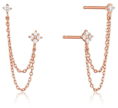 TOFBS Kette Ohrstecker 925 Sterling Silber Ohrringe mit Cubic Zirkonia Quaste Kette Ohrringe Hypoallergene für Frauen Damen Empfindliche Ohren(Roségold)