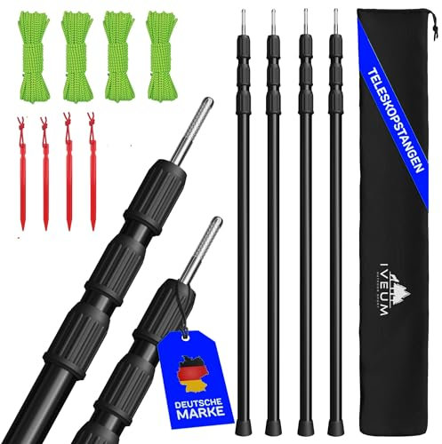 Stabile Sonnensegel Stangen [4er Set] inkl. Schnüre und Heringe - Tarpstangen für Tarps und Sonnensegel (SCHWARZ)