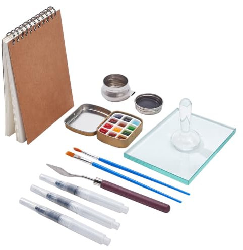 NBEADS 13 Pcs Watercolor Paint Making Tools Set With Sketch Notebook, Glass Muller Slab, Brushes, Palette, Tin Cases for DIY Painting
