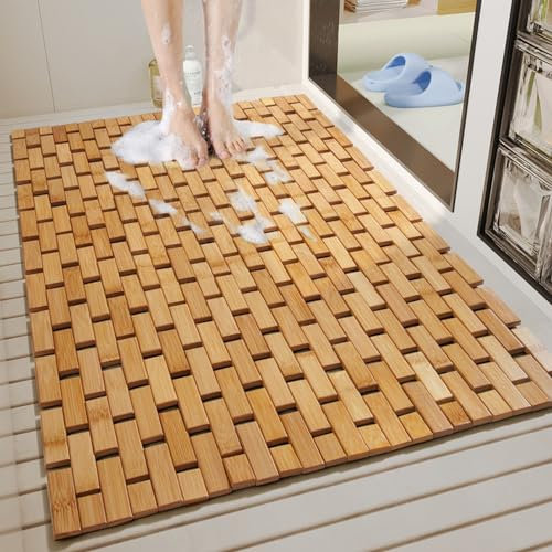 Liveinu Pedana Doccia bambù, Tappetino per doccia in legno, Tappetino Antiscivolo da Doccia, Vasca e Sauna, Interno, Esterno, Cachi scuro, 50x70cm
