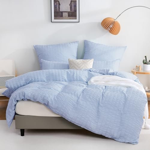 TOCOMOA Seersucker Bettwäsche 135x200 Sommer 4teilig - Blau Bettwäsche-Sets Geprägte Streifentextur ÖKO-TEX Zertifiziert Mikrofaser 2 Bettbezug mit Reißverschluss, 2 Kissenbezug 80x80 cm