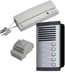 Kit d'interphone automatique - 2 fils, installation facile, pour communautés, plaque de rue, boîte, chargeur DIN 12 Vac/1 A et téléphones (5 logements)