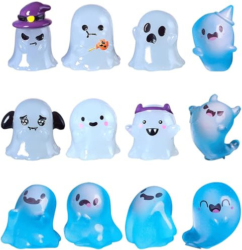 WANYI 12 PCS Halloween Deko für Outdoor Innen Miniatur Geister Deko Resin Halloween Tischdeko Streudeko mit Leuchtend für Garten, Fensterbank, Schreibtisch, Party Dekoration, DIY Basteln