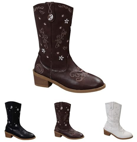 Stivali Alti Donna con Tacco Texani Invernali Scarponcino Tacco Medio Stivali Texani Donna con Tacco Bassi Boots Cerniera Stivali Donna Indianini Stivaletti da Cowboy Cowgirl Equitazione Stivaletto