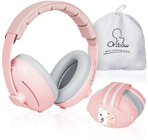 Orzbow 2 in 1 Cuffie Neonato Antirumore per 1-48 Mesi,Regolabile Cuffie Antirumore Bambini con Fascia Elastica,Leggero,28dB SNR,Previene i Danni Dell’udito & Migliora il Sonno in Viaggio,Orso Rosa