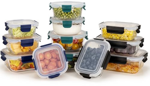 HOUSZY Glass Meal Prep Containers with Lids – 12 Pack – Borosilicate Glass Food Containers – Airtight, Microwave, Freezer Safe –3 Shapes, 4 Sizes Each (Black, Blue & Green Lids)
