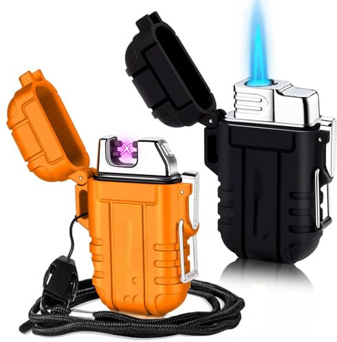 2 Pack Waterproof Lighter, Outdoor Windproof Flashlight Lighter Dual Arc Lighter, Butane Electric Lighter USB Rechargeable Lighter Flameless Plasma Lighter (Butane Not Included) (Black)(Black)