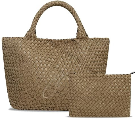 DSGUTWO Große gewebte Tasche für Damen, Neopren, Tragetasche, Shopper Tasche, Reise-geflochtene Handtaschen, Strand-Umhängetasche und Geldbörsen, Khaki, Einheitsgröße
