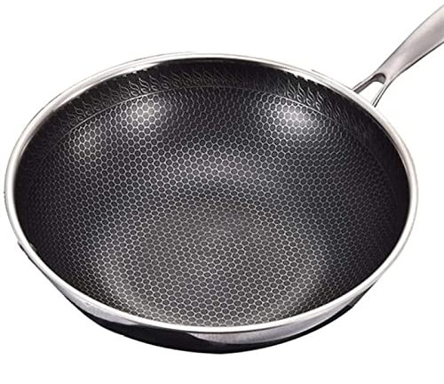 BDSHGRDH poêle à frire， Poêle antiadhésive 32/34CM, Wok en acier inoxydable 304, Double face, poêle à crêpes à fond plat en nid d'abeille avec couvercle