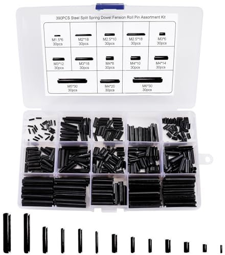 Tunejoy 390 Piezas Pasadores de Resorte Ranurados Pasadores Elásticos de Acero al Manganeso M1.5 M2 M2.5 M3 M4 M5 M6 Pasador Tensión Divididos Surtido Kit