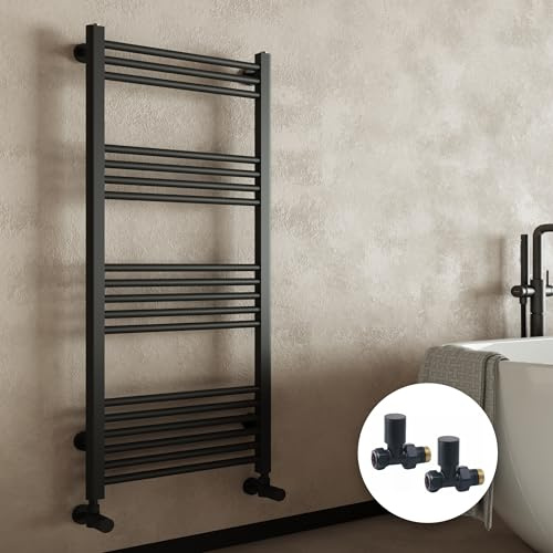 Matt Black Bathroom Straight Heated Towel Rail Radiator 500 x 1000 & Straight Manual Valves