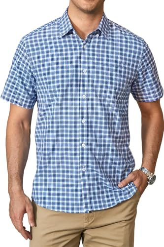 HISDERN Checked Shirt Mens Short Sleeve Casual Navy Blue Plaid Summer Shirts for Men Formal Business Button Down Gingham Checkered Work Regular Fit with Pocket XL