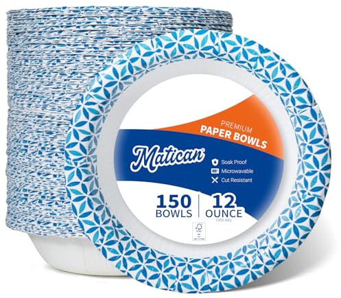Paper Bowls, 355 ml, 150-Count, Microwave-Safe, Soak-Proof, Disposable Bowls with Infinity Petal Design, Great for Soup, Salad, Snacks, and Meals