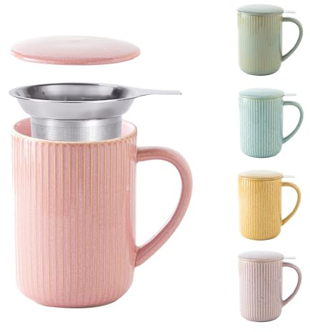 Yundu 15.5oz/470ml Flambe Pink Ceramics Teacups with Infuser and Lid, Loose Leaf Tea Cup