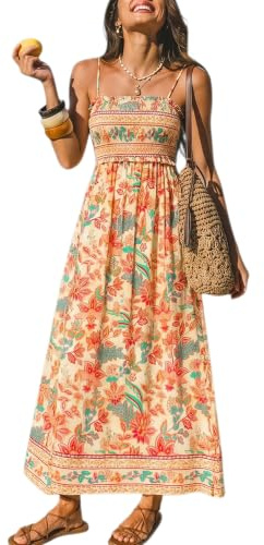 CUPSHE Vestido largo para mujer, floral, fruncido, sin mangas, con volantes, tirantes delgados, vestido formal largo para la playa