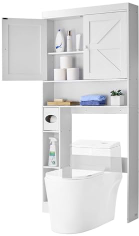 VEVOR Over The Toilet Storage Cabinet, 67.44 in Height Bathroom Storage Organizer with Double Door and Adjustable Shelf, Bathroom Space Saver Organizer Above Toilet with Open Shelf, White