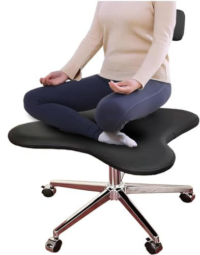 DRFGHK Kniestuhl, verstellbare Rückenstütze für Büro, Zuhause, Meditationsraum, weißes schwarzes Leder, überkreuzte Schreibtisch-Computerarbeiter, Übergröße, Adhd-Stühle für Erwachsene mit Rädern