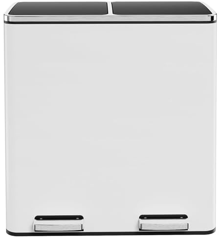 Clevich Kitchen Bin 60L, 2-Compartment Metal Trash Can with Soft-Close Lid, 2 Plastic Inner Buckets, 2 x 30 Litre Waste Separation System, Pedal Bin for Kitchen, Bathroom, Office