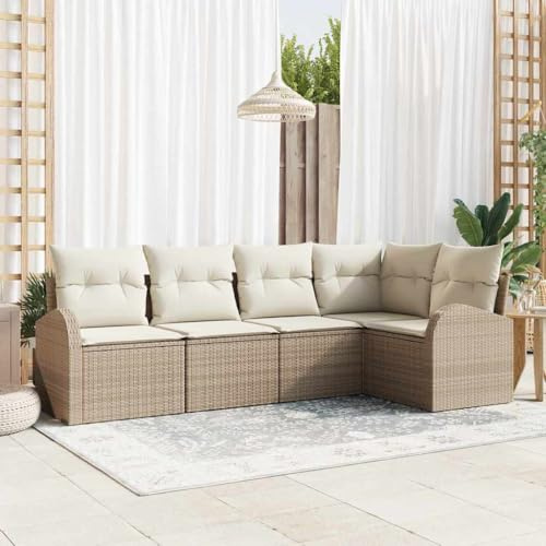 QJBSAVVA Gartenmöbel-Set 5-Sitzer Polyrattan Lounge Modular für Balkon und Terrasse Beige wetterfest mit verstellbaren Füßen Sitztiefe 55 cm Kleiner Balkon Garten Loungemöbel