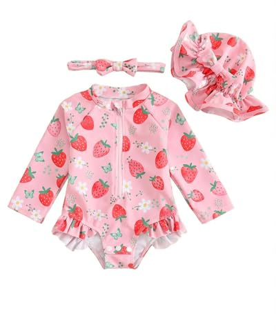 UV Badebekleidung Baby Badeanzug Mädchen Gr 62-98, Langarm UV Kleidung Baby UV Shirt Mit Hut & Stirnband, Kleinkinder UV Anzug Schwimmanzug Schutz