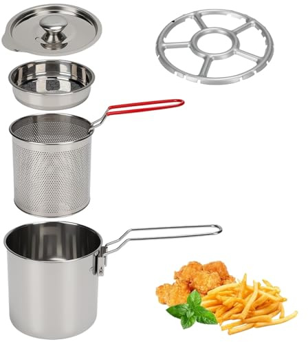 Olla Freidora con Cestillo, 1.2L Mini Freidora Aceite de Acero Inoxidable con Colador Tapa y Clip, Cazo para Freir Pequeña Multifuncional con Mango Largo para Patatas Fritas, Pescado, Pollo (3 PCS)
