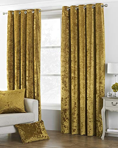 Riva Paoletti Verona Ringtop Eyelet Curtains (Pair) - Ochre Yellow - Velvet Feel - Crushed Velvet Look 100% Polyester - 168cm width x 229cm drop (66 x 90 inches) - Designed in the UK