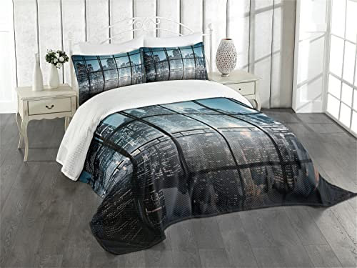 ABAKUHAUS Modern Tagesdecke Set, New York bei Nacht-Landschaft, Set mit Kissenbezug Mit Digitaldruck, für Einzelbetten 170 x 220 cm, Dunkelblau Schwarz