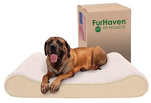Furhaven XXL kühlendes Gel-Schaumstoff-Hundebett, Ultra-plüschig, Kunstfell und Wildleder, Luxus-Liege, mit abnehmbarem, waschbarem Bezug, cremefarben, Jumbo Plus (XXL)