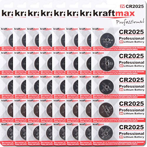 kraftmax Confezione da 40 batterie al litio CR2025 ad alte prestazioni, 3 V CR 2025, per applicazioni professionali, di ultima generazione