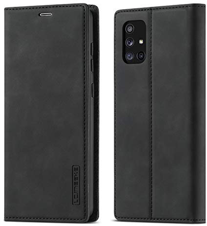 QLTYPRI Hülle für Samsung Galaxy A71, Vintage Matte Handyhülle mit Kartenfach Geld Slot Ständer PU Ledertasche TPU Bumper Flip Schutzhülle Kompatibel mit Samsung Galaxy A71 - Schwarz