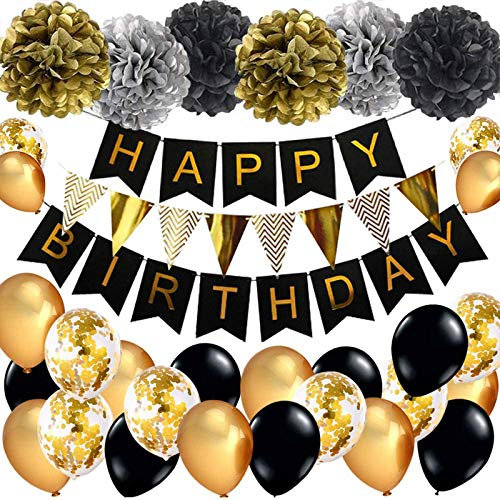 Geburtstagsdeko, Schwarz Gold und Silber Geburtstag Dekoration Set, Happy Birthday Girlande mit Pompoms und Luftballons Konfetti Luftballons für Geburtstag Partydeko