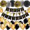 Geburtstagsdeko, Schwarz Gold und Silber Geburtstag Dekoration Set, Happy Birthday Girlande mit Pompoms und Luftballons Konfetti Luftballons für Geburtstag Partydeko
