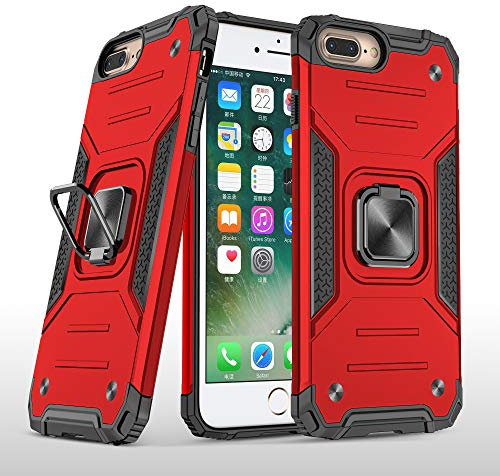 UEEBAI Case for iPhone 7 Plus iPhone 8 Plus iPhone 6 Plus 6S Plus, Military Grade Armor Ring Holder Case Ultra Slim Shockproof TPU Bumper Hard PC Case Rotatable Ring Kickstand Cover - Red