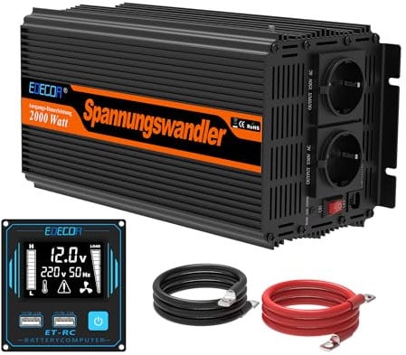 EDECOA convertisseur 12v 220v 2000w onduleur télécommande 2X USB et écran pour Panneau Solaire Voiture Onde modifiée Isolation galvanique (2e génération)