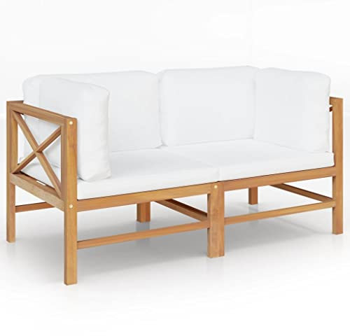 vidaXL Teak Massiv Gartenbank 2-Sitzer mit Creme Auflagen Sitzbank Gartensofa Sofa Parkbank Holzbank Gartenmöbel Ecksofa Terrassenbank