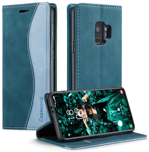 Casecond für Samsung Galaxy S9 Hülle Handyhülle Leder Flip Case Magnet Magnetisch Klappbar Kartenfach Klapphülle Wallet Lederhülle für Männer Frauen RFID Schutz Schutzhülle Blaugrün