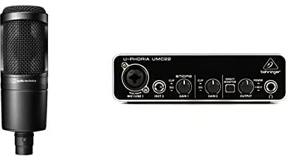 Audio-Technica AT2020 Kondensatormikrofon mit Nierencharakteristik (XLR Anschluss) für Voiceover, Podcasting, Gesang oder instrumentale Live-Aufnahmen & Behringer UMC22 Computer Audio Interface