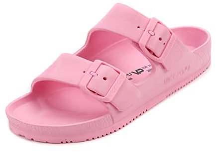 VICT POPU Pantoletten Damen mit Fussbett Sandalen Flach Rutschfest Sommer Badelatschen Lässig EVA Slides Erwachsene Schlappen Rosa 39