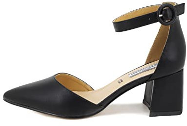 QUEEN HELENA Damen Pumps mit Riemchen Mittelhoher Absatz Geschlossene Spitze Bequem Elegant Leicht Casual ZM9001 Schwarz 39