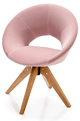 COSTWAY Akzentstuhl 360° drehbar, Polsterstuhl mit massiven Holzbeinen, Esszimmerstuhl bis 150kg belastbar, Samt Drehsessel (Rosa)