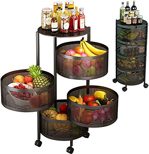 ybaymy 4 Tier Vegetable Rack Kitchen Fruit Storage Basket Round Rotating Vegetable Rack with Wheels Movable Kitchen Storage Rack for Kitchen Living Room Toilet Storage