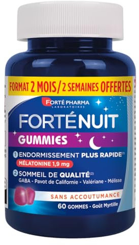 Forté Pharma - FortéNuit Gummies - 1,9 mg de Mélatonine et Plantes, GABA - Douce nuit - Complement Alimentaire Sommeil – Endormissement rapide & Sommeil de Qualité favorisés - 60 gommes, 2 mois