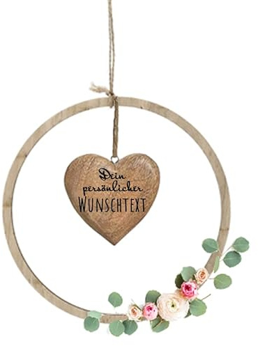 DEKOGURU Personalisierter Holz Ring mit Schriftzug Gravur auf Holzherz als Türkranz oder Wanddeko