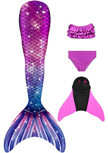 NAITOKE meerjungfrauenflosse mädchen Badeanzug - Meerjungfrau Flosse Bademode mit Bikini Set und Monoflosse Mermaid Tail, 4 Stück Set, XQSAT,120