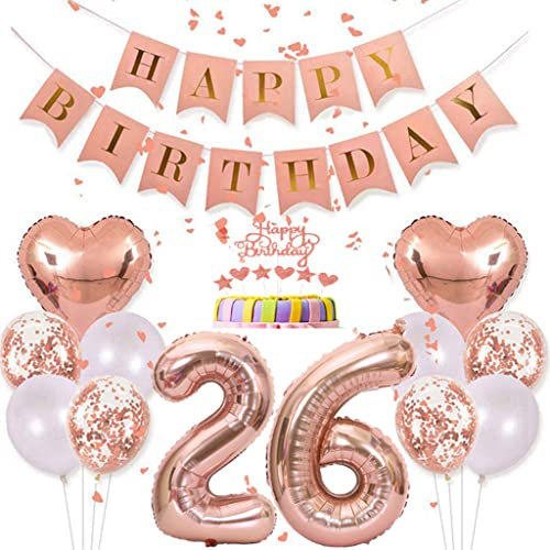 Conruich Deko 26. Geburtstag Frau, Rosegold Tortendeko Geburtstag 26 Jahre Mann, Geburtstagsdeko 26 Jahre, Rosegold Ballon 26 Geburtstags Mädchen, Happy Birthday Banner Deko 26 Geburtstags Frauen